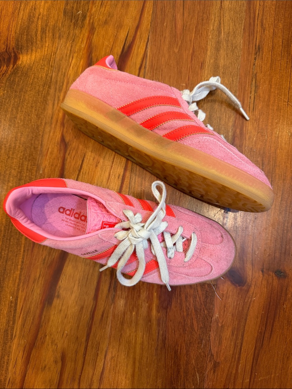 adidas Pink Suede Sneakers with Red Stripes and Gum Sole